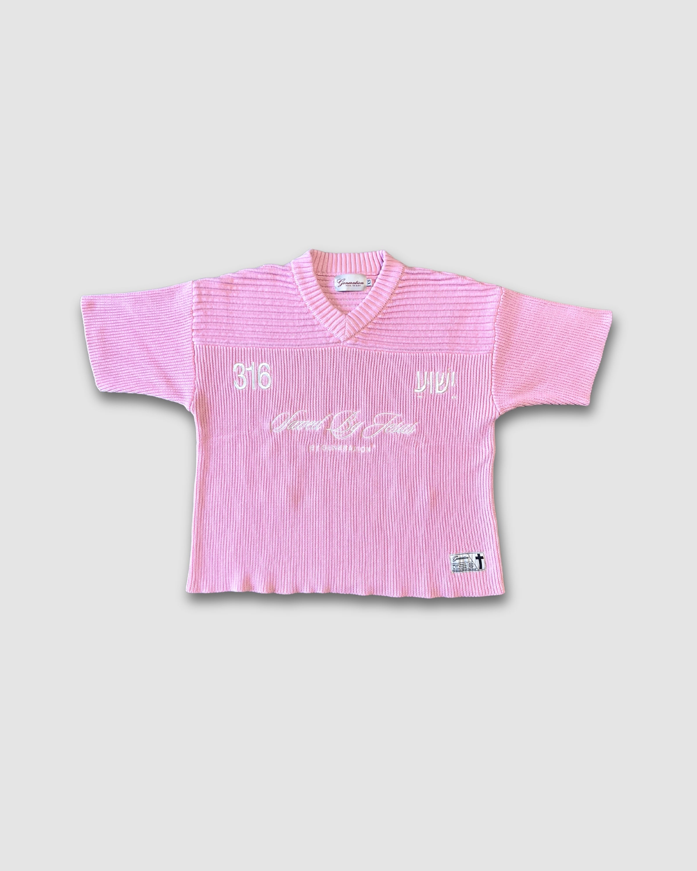 "SAVED BY JESUS" - STRAWBERRY KNIT JERSEY