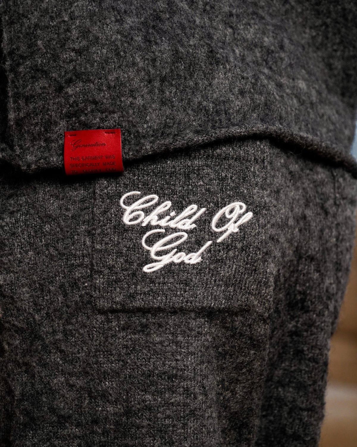 CHILD OF GOD - ASH MOHAIR KNIT PANTS back pocket script