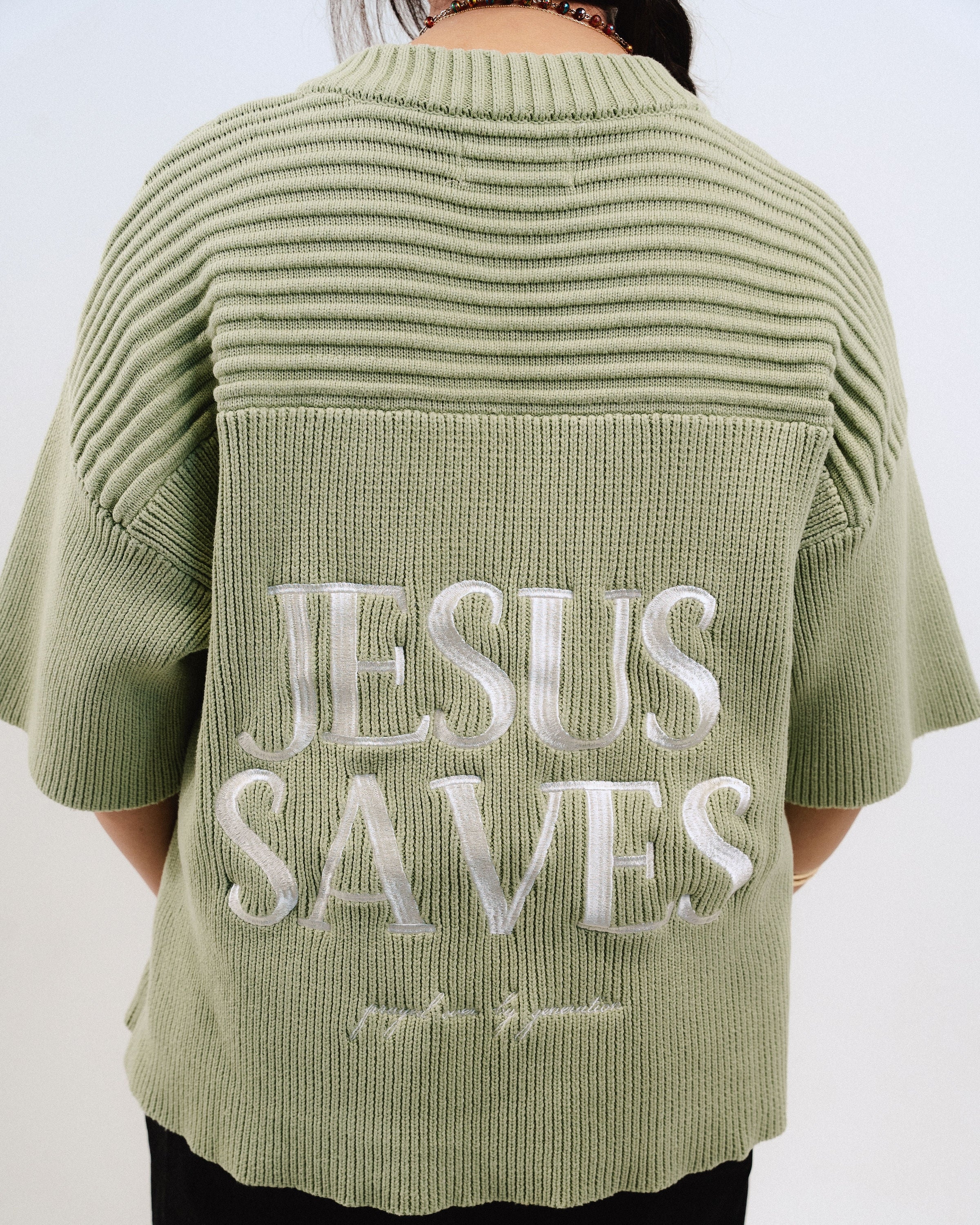 "SAVED BY JESUS" - STRAWBERRY KNIT JERSEY