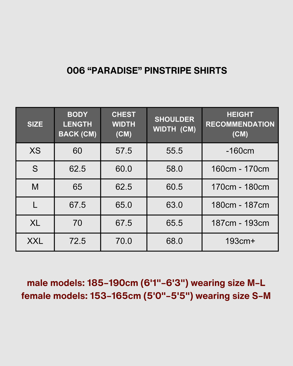 "PARADISE" - BLACK PINSTRIPE SHIRT size chart