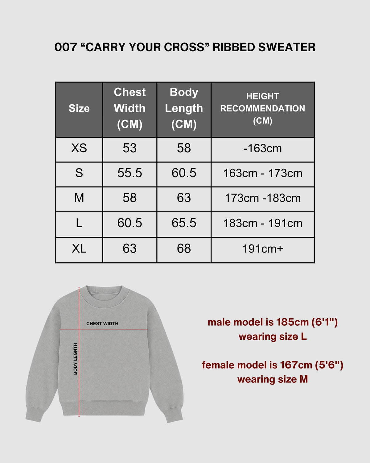 "CARRY YOUR CROSS" - ALMOND MOHAIR SWEATER size chart