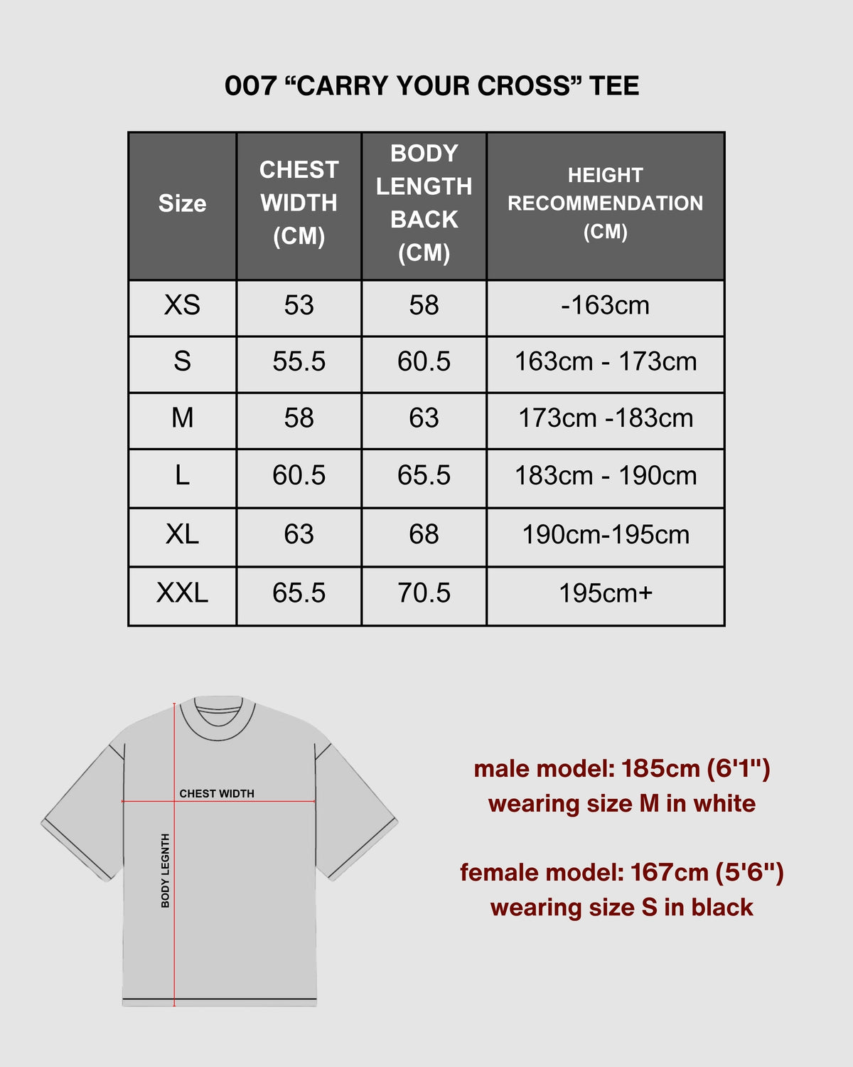 "CARRY YOUR CROSS" - BLACK TEE size chart