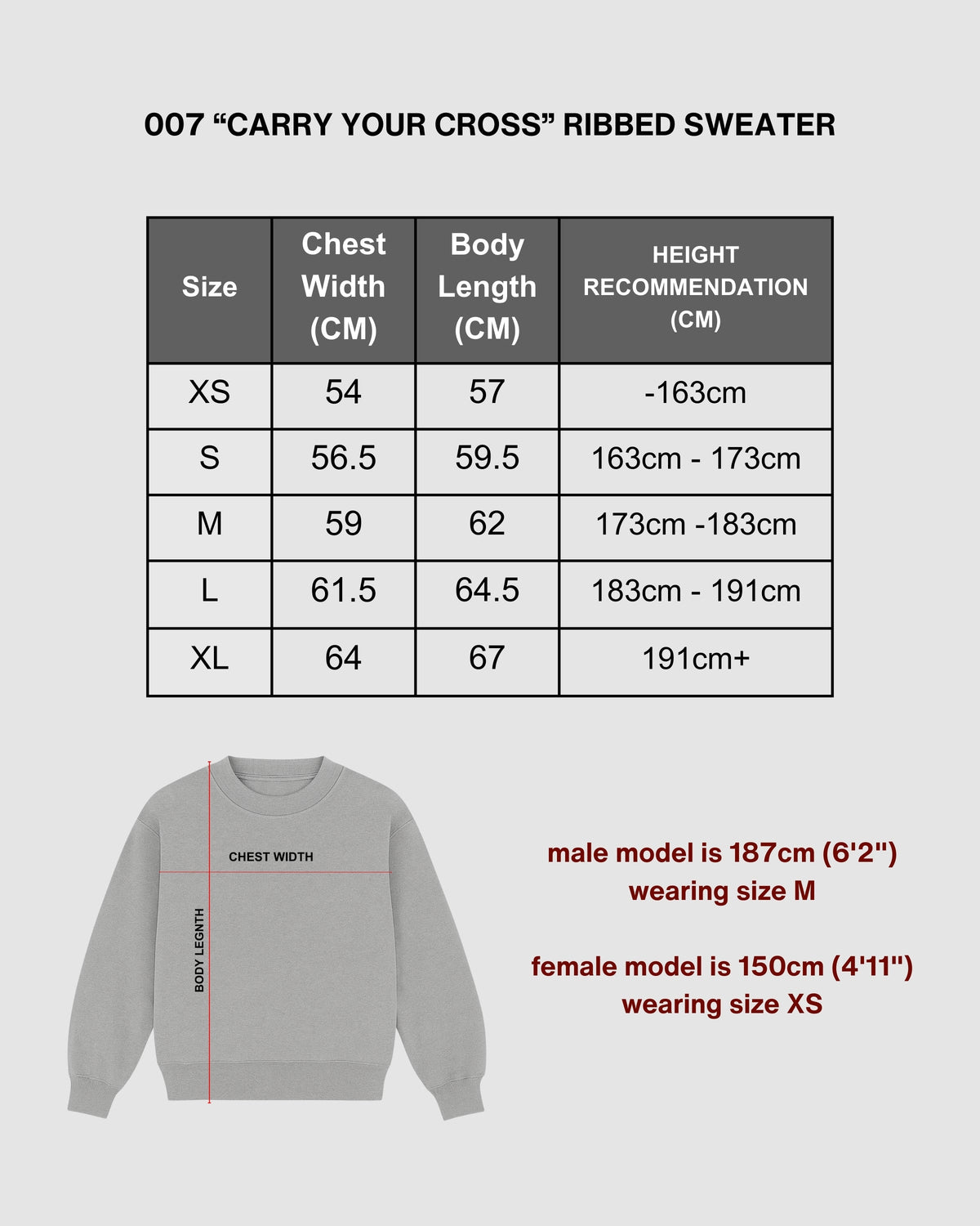 "CARRY YOUR CROSS" - SHADOW RIBBED SWEATER size chart