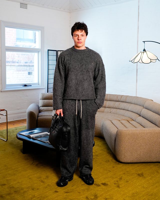 Ash mohair sweater, on model
