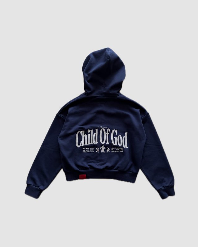 Navy zip-up hoodie, back