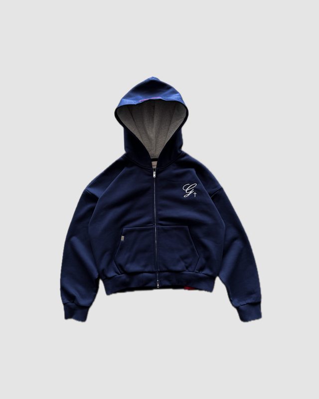 Navy zip-up hoodie, front