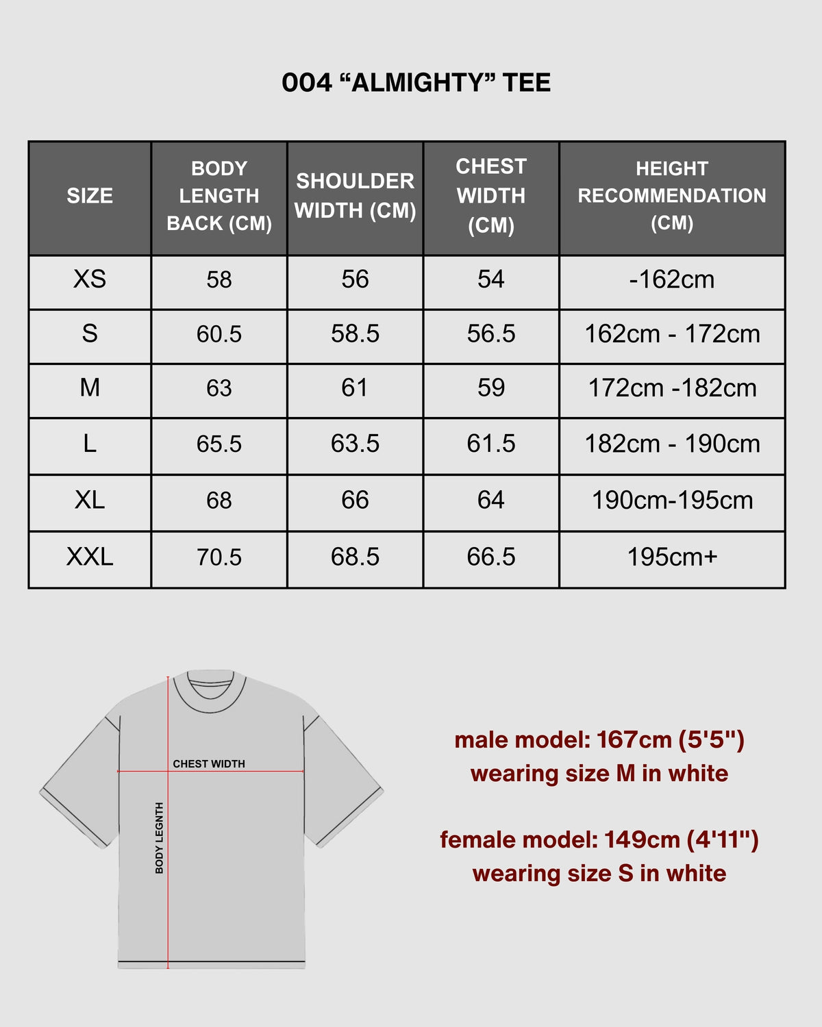 "ALMIGHTY" - WHITE TEE size chart