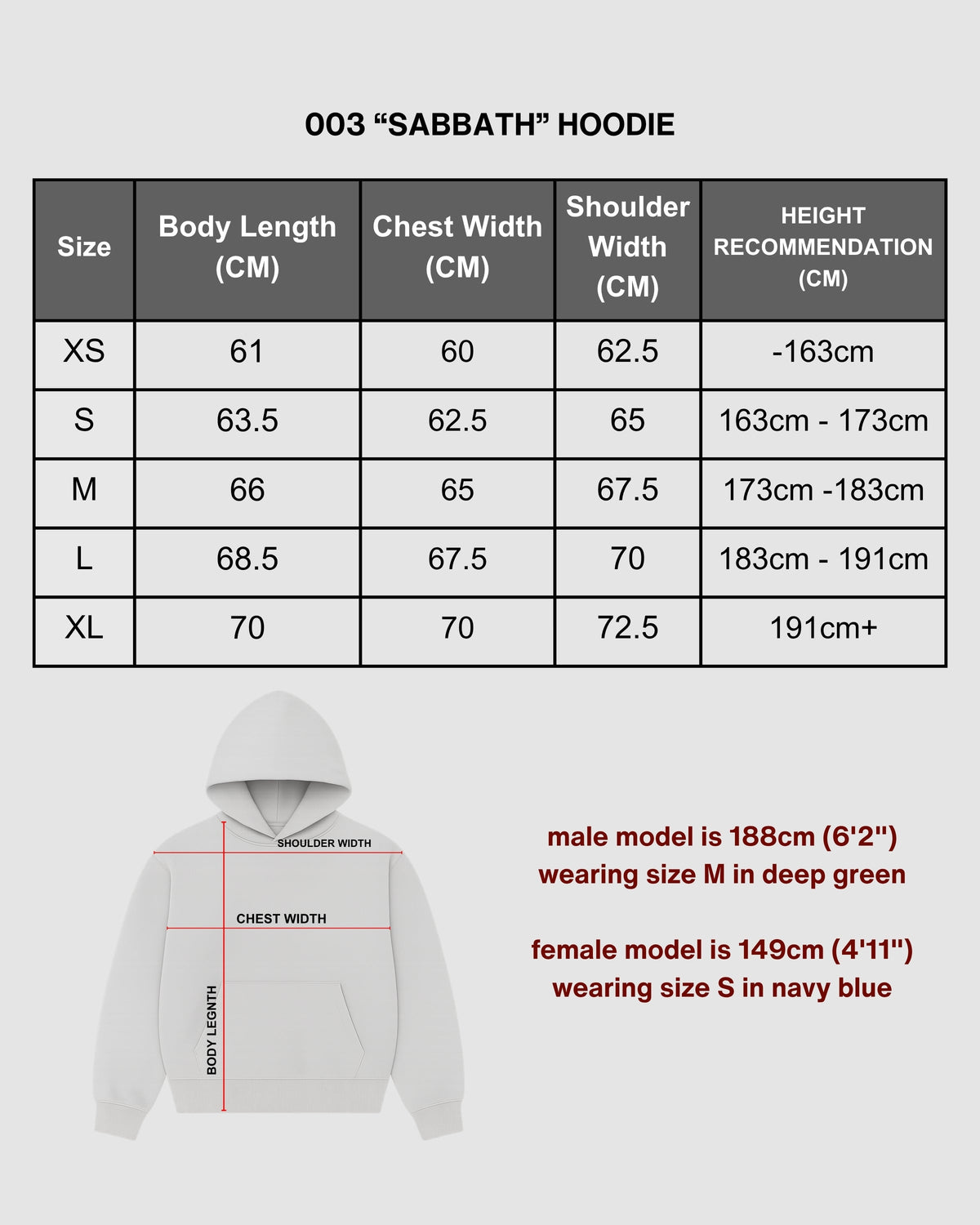 "SABBATH" - NAVY BLUE HOODIE size chart