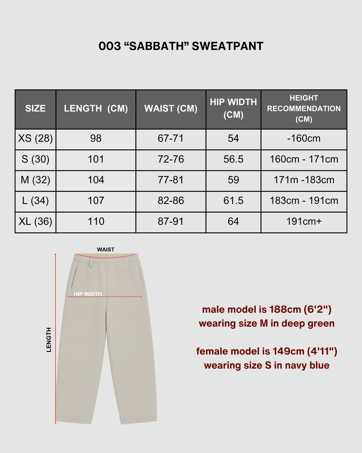 "SABBATH" - NAVY BLUE SWEATPANTS size chart