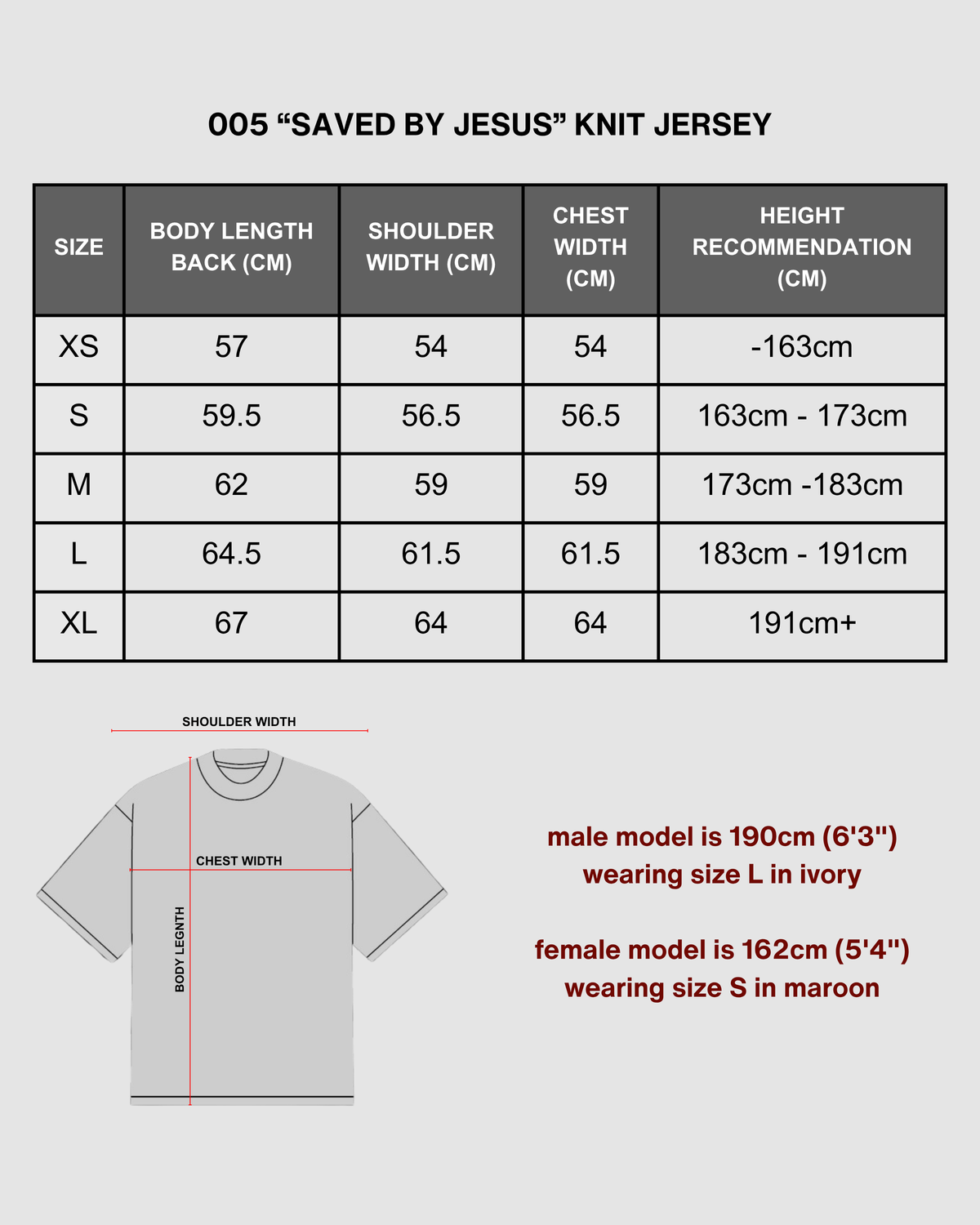 "SAVED BY JESUS" - IVORY KNIT JERSEY size chart