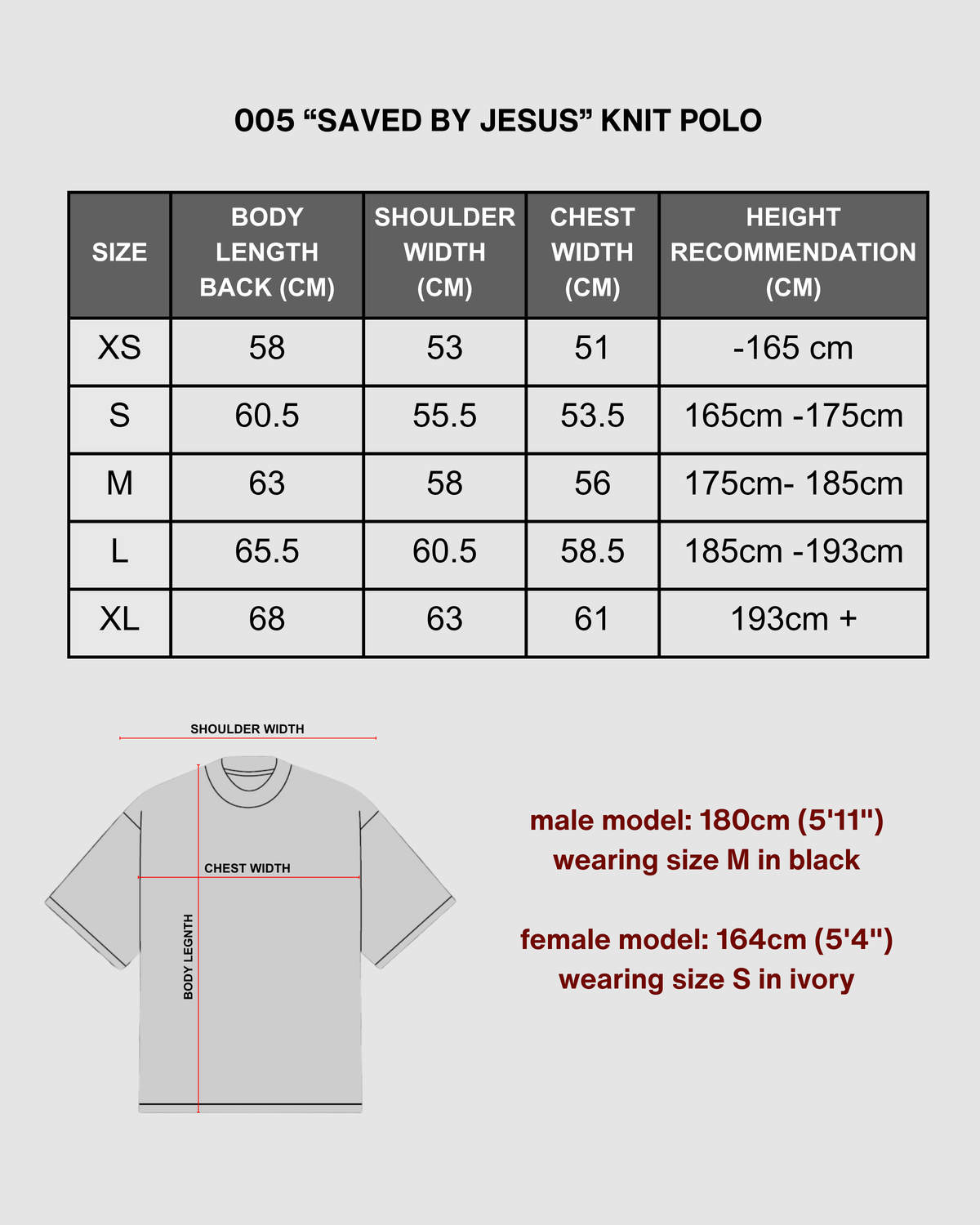 "SAVED BY JESUS" - IVORY KNIT POLO size chart