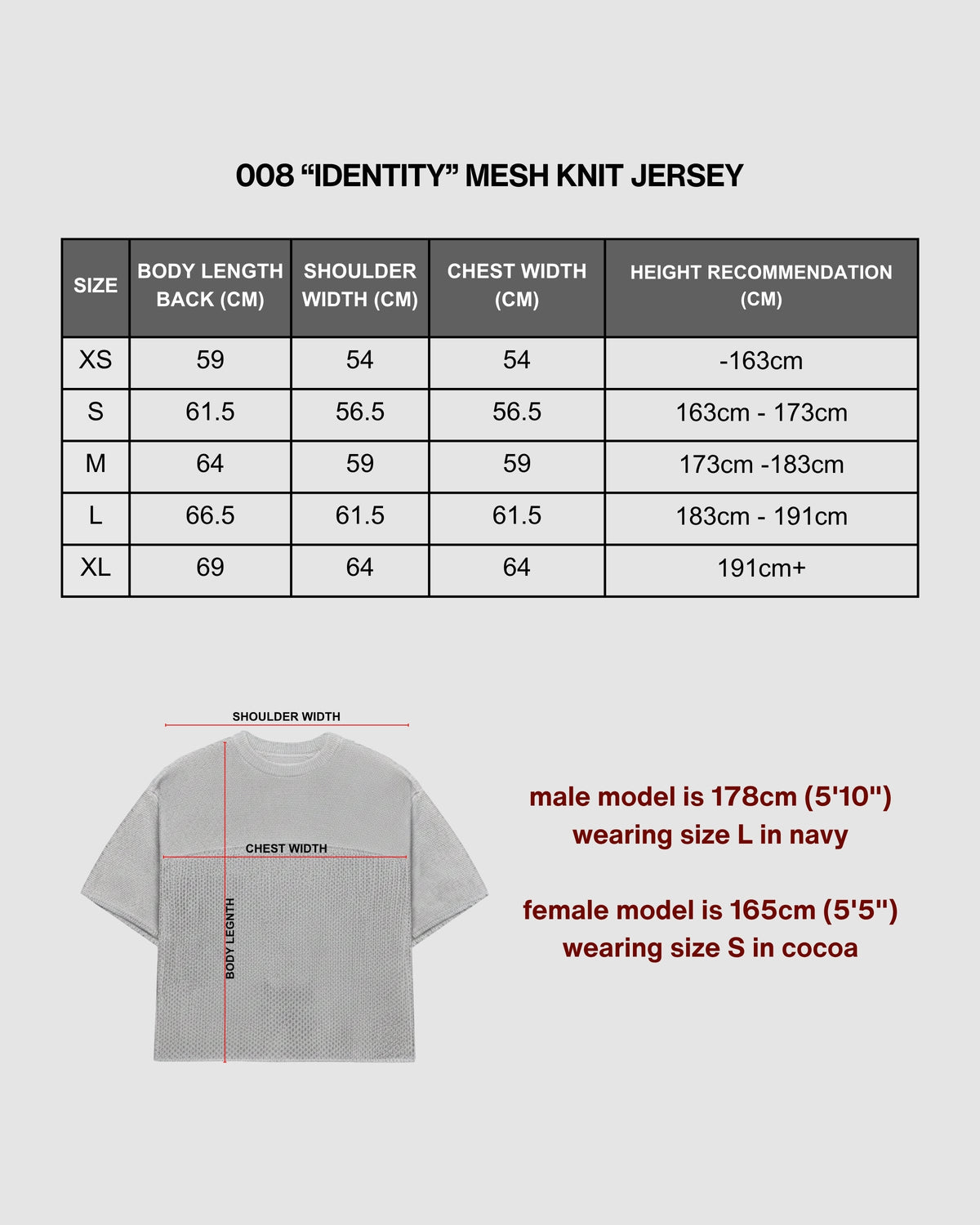 "IDENTITY" COCOA MESH KNIT JERSEY size chart