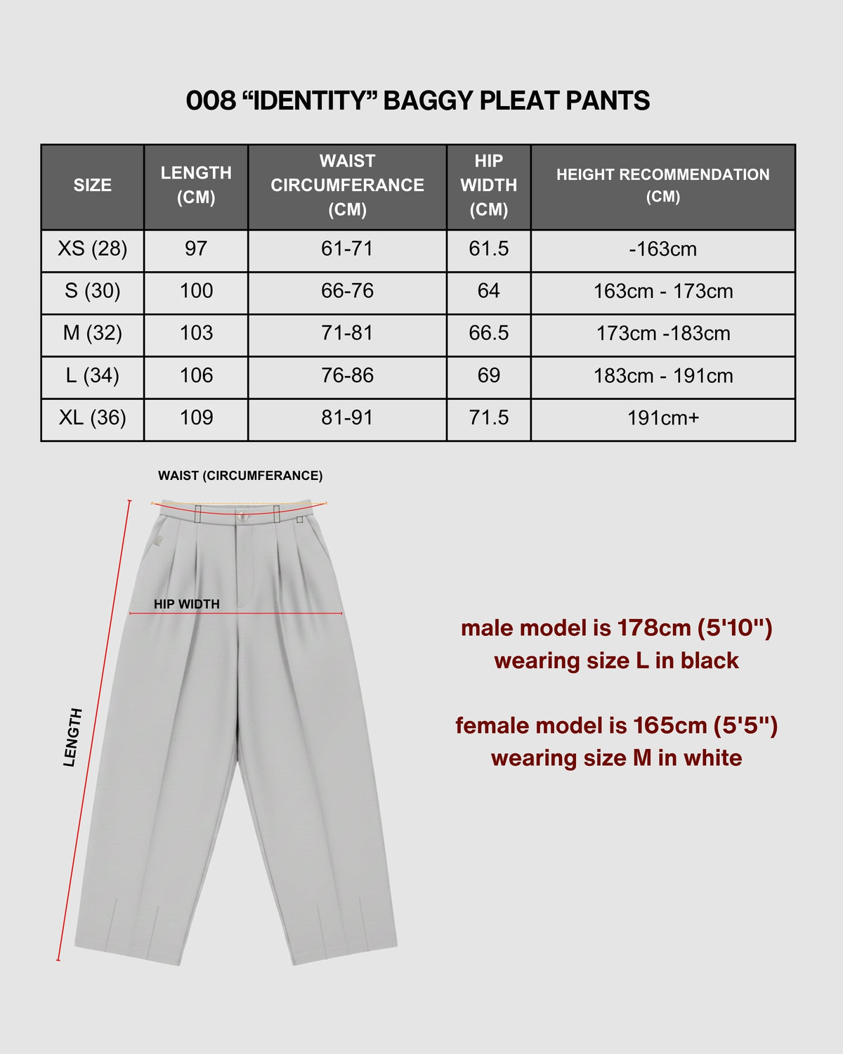 "IDENTITY" WHITE PLEATED PANTS size chart