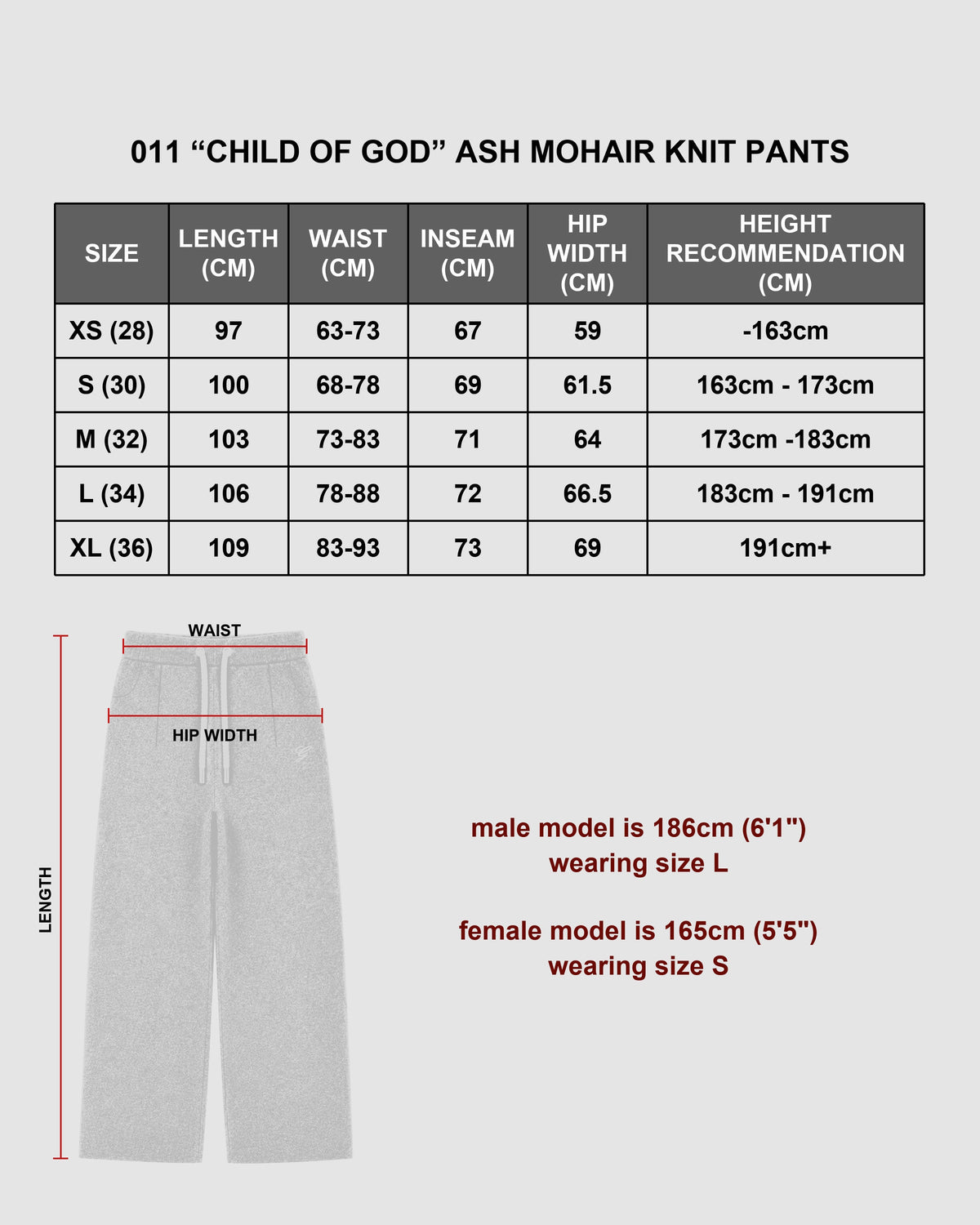 "CHILD OF GOD" - ASH MOHAIR KNIT PANTS size chart