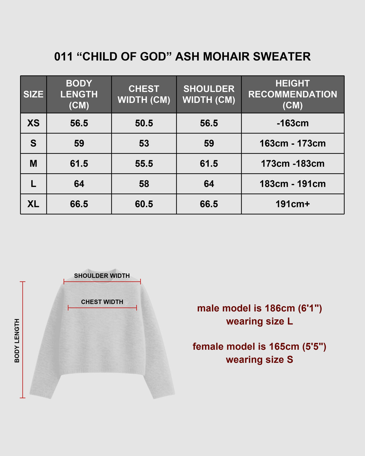 "CHILD OF GOD" - ASH MOHAIR SWEATER size chart