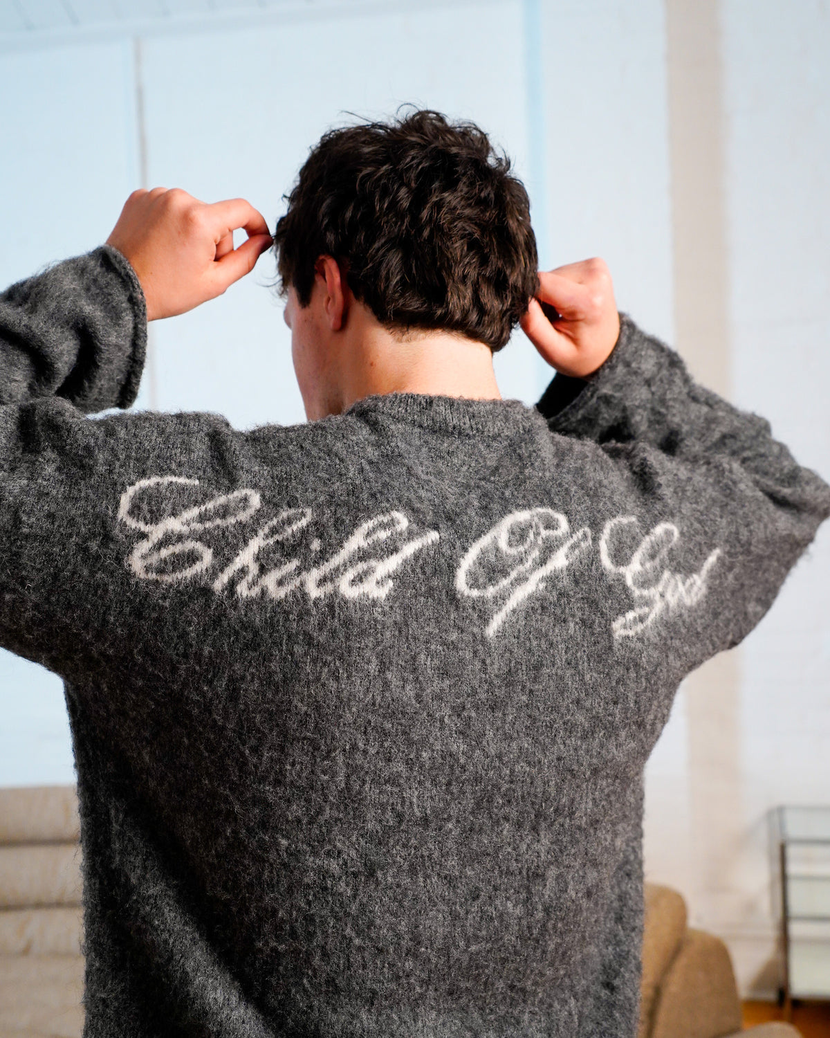 CHILD OF GOD - ASH MOHAIR SWEATER back script close-up
