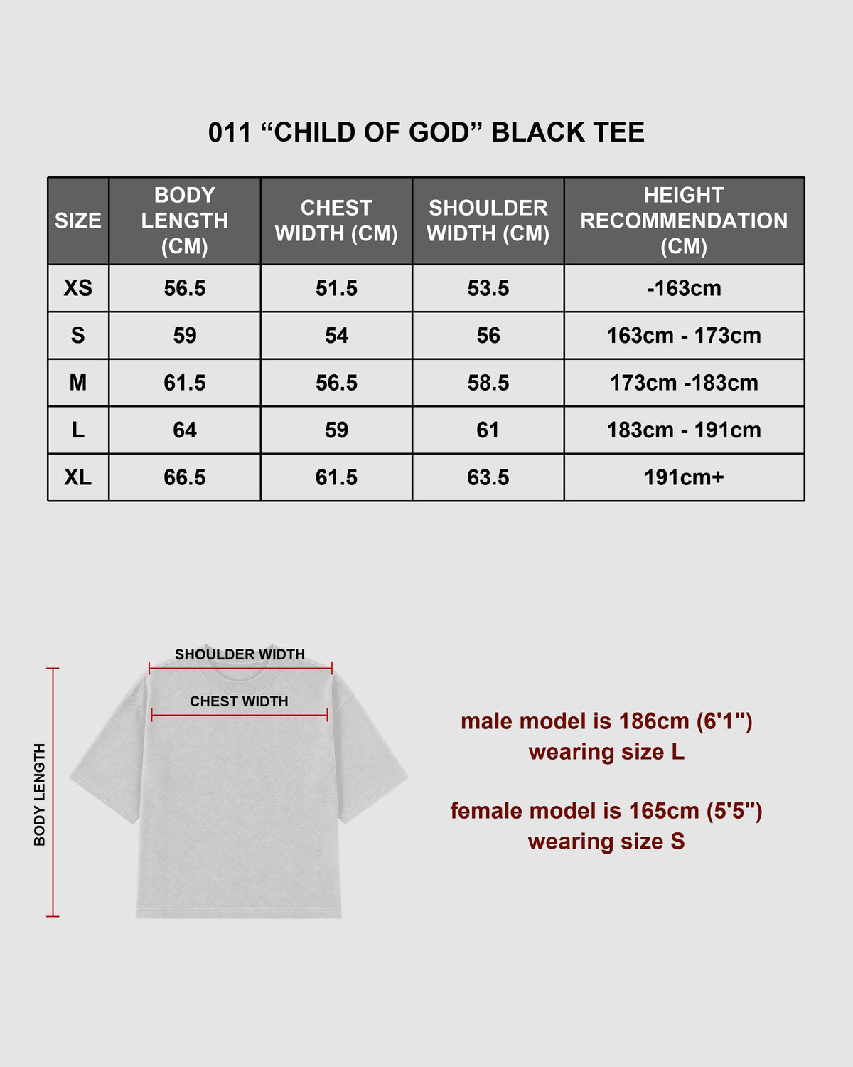 "CHILD OF GOD" - BLACK TEE size chart