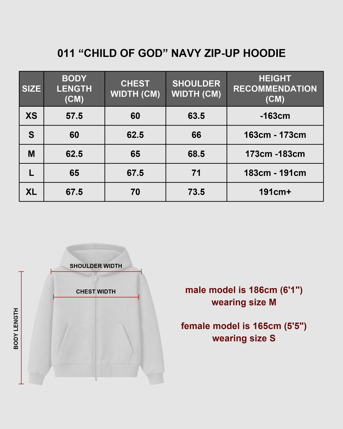 "CHILD OF GOD" - NAVY CONTRAST ZIP-UP HOODIE size chart