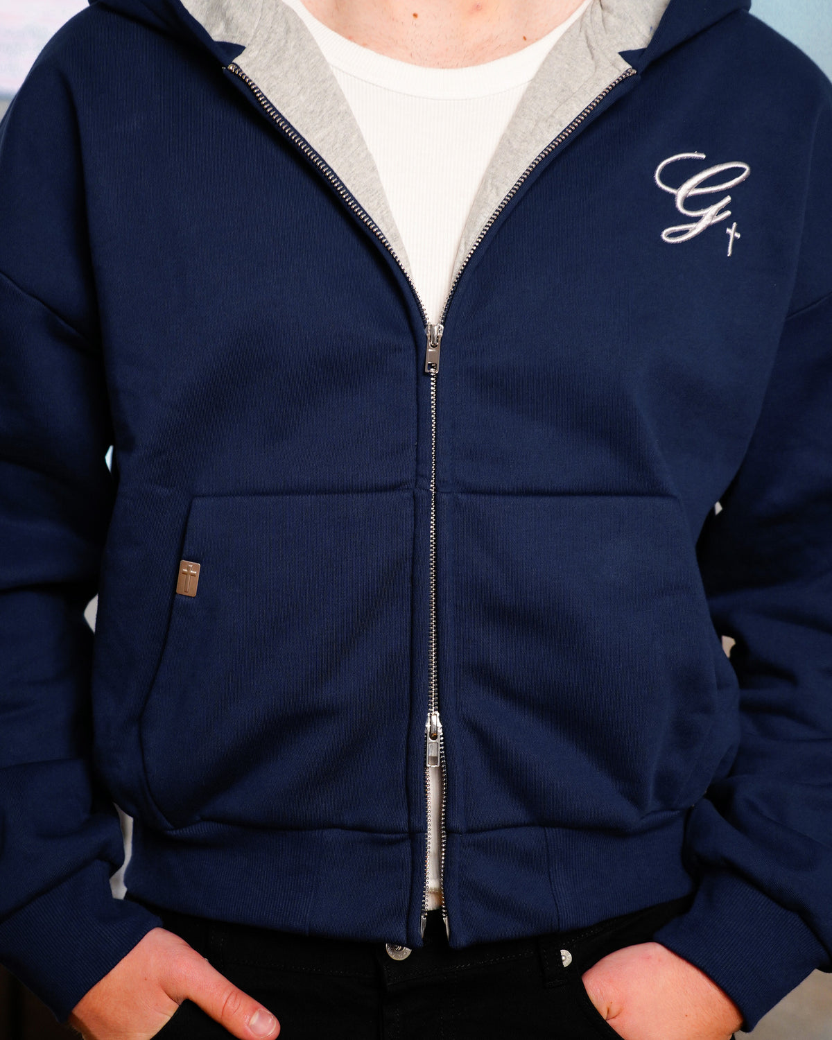 CHILD OF GOD - NAVY ZIP-UP HOODIE chest G + grey hood lining