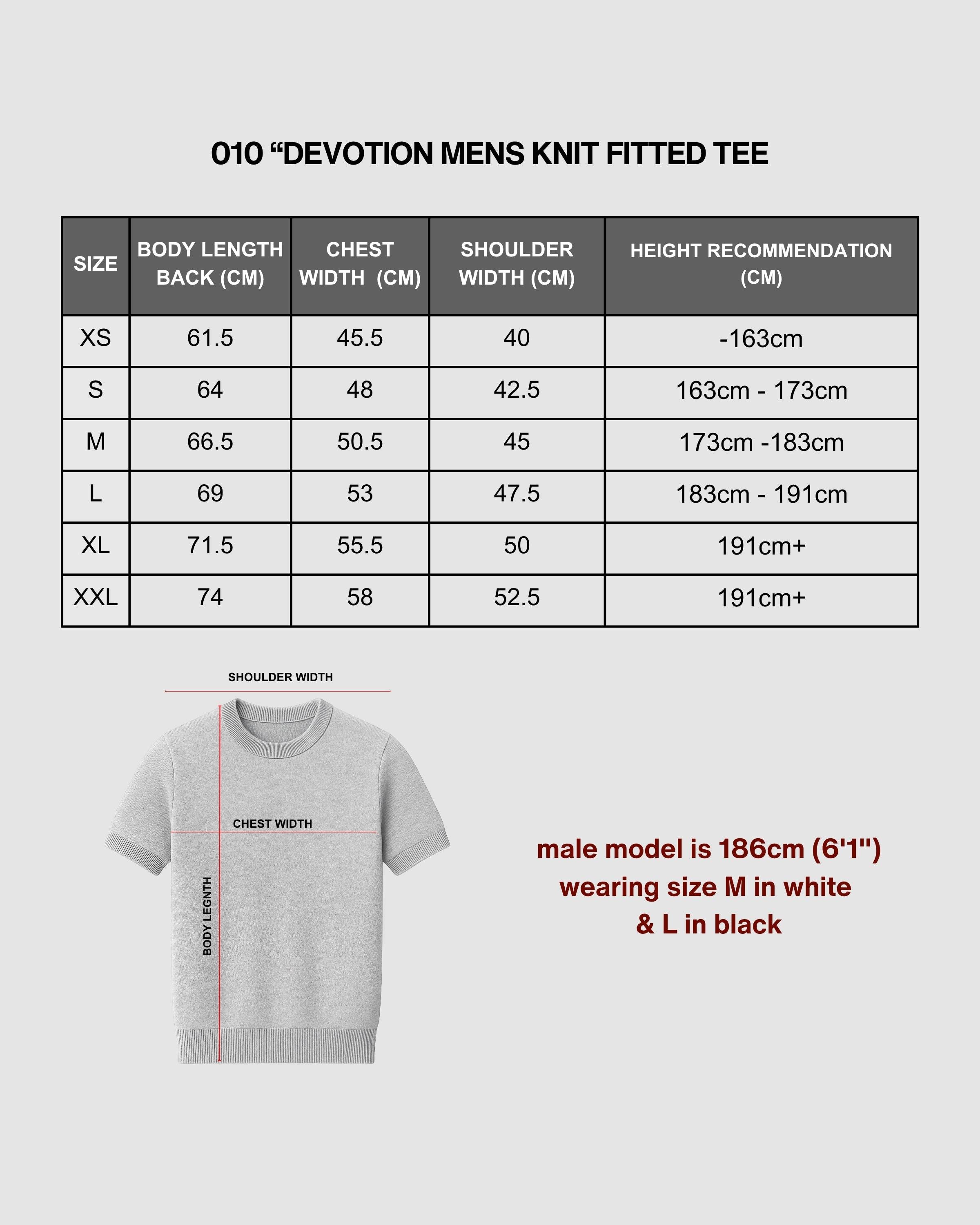 DEVOTION BLACK MENS Knit Tee - size guide