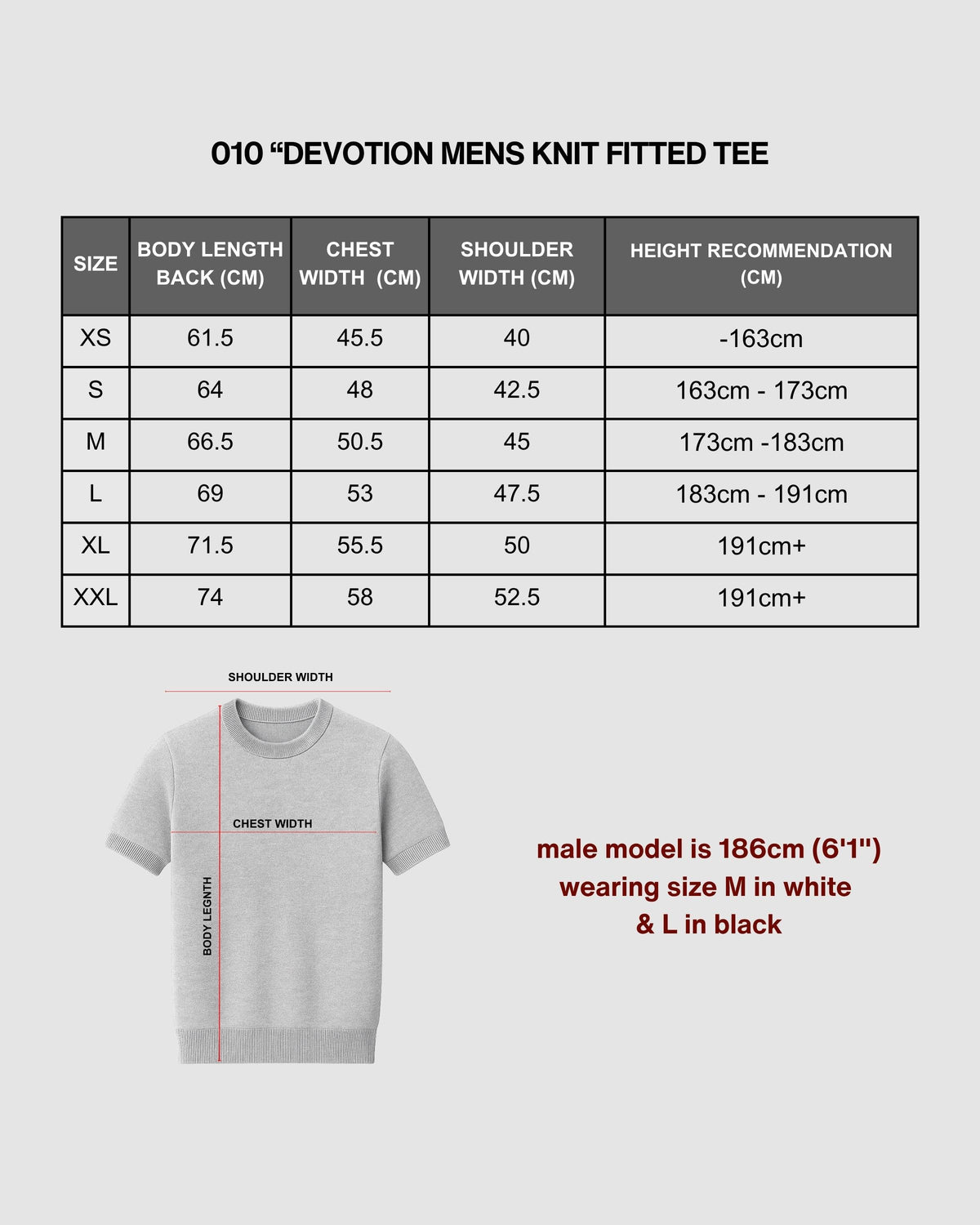 "DEVOTION" - BLACK MENS FITTED KNIT TEE size chart
