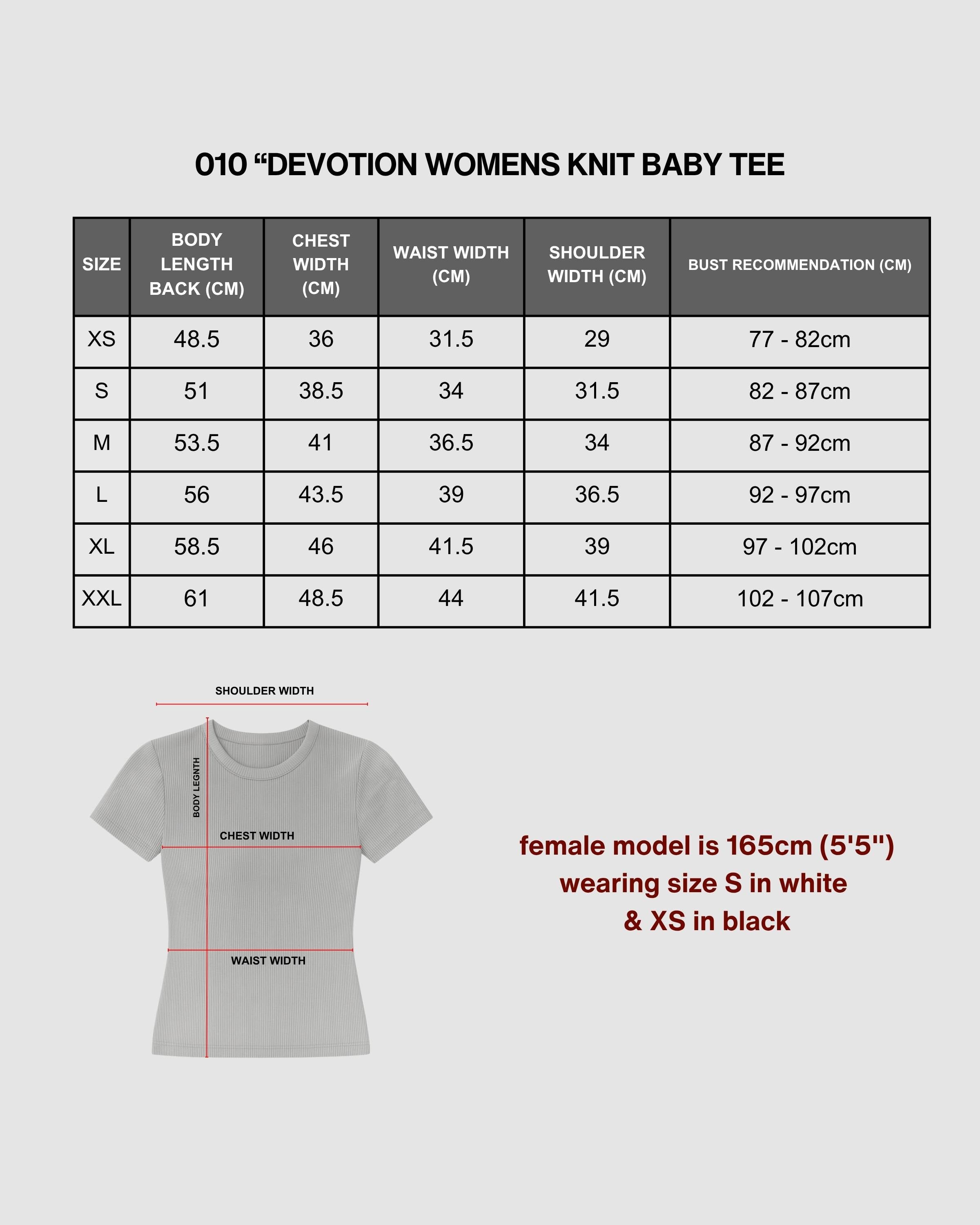 DEVOTION WHITE WOMENS Knit Tee - size guide
