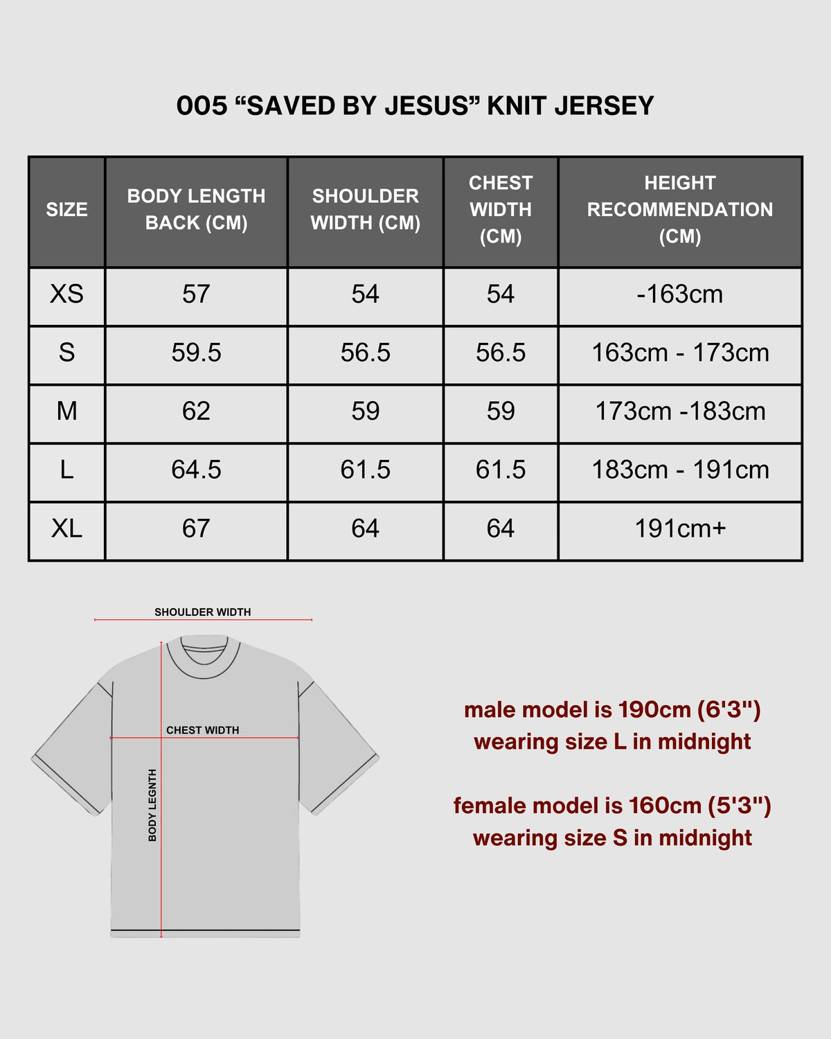 "SAVED BY JESUS" - MIDNIGHT KNIT JERSEY size chart