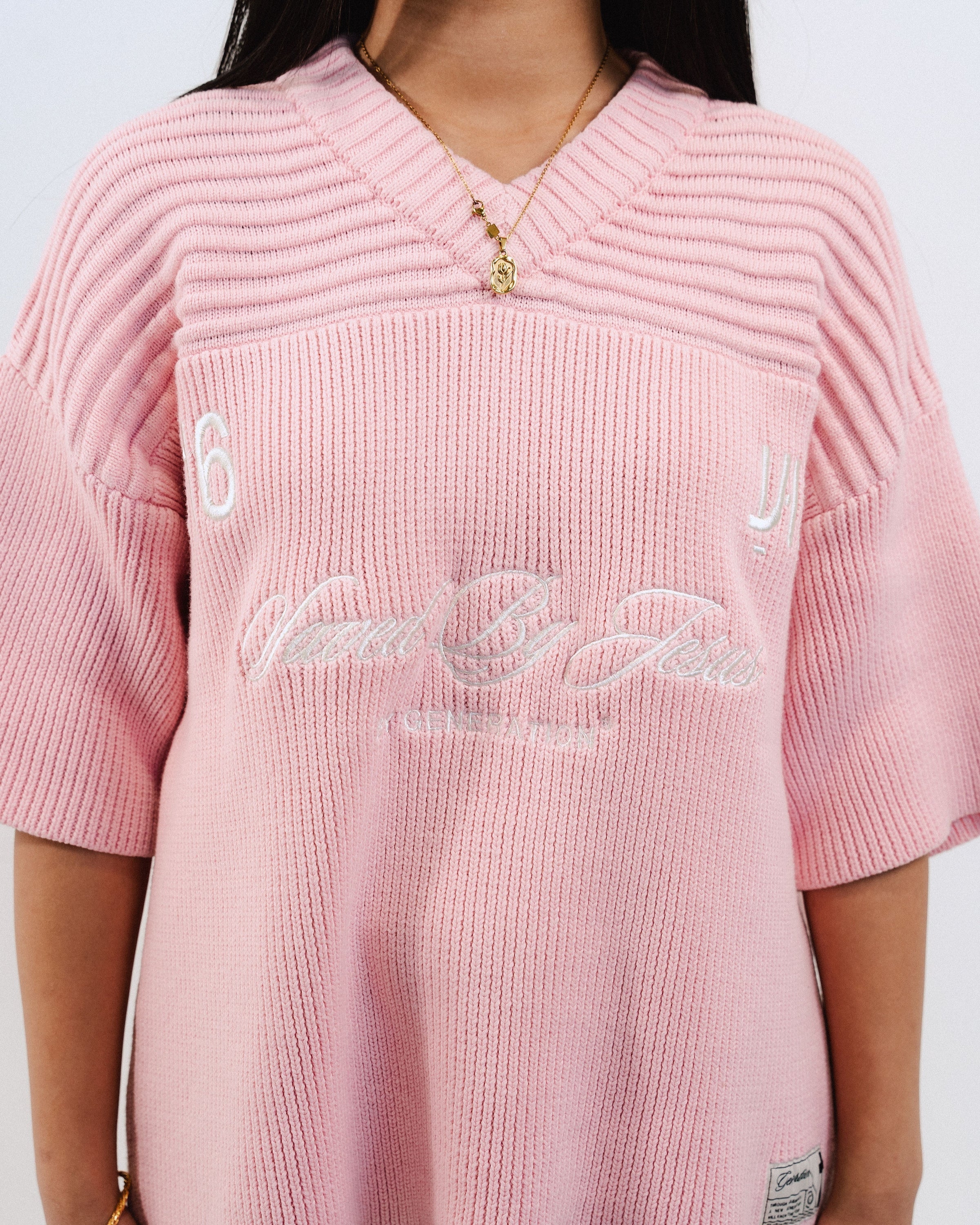 "SAVED BY JESUS" - STRAWBERRY KNIT JERSEY