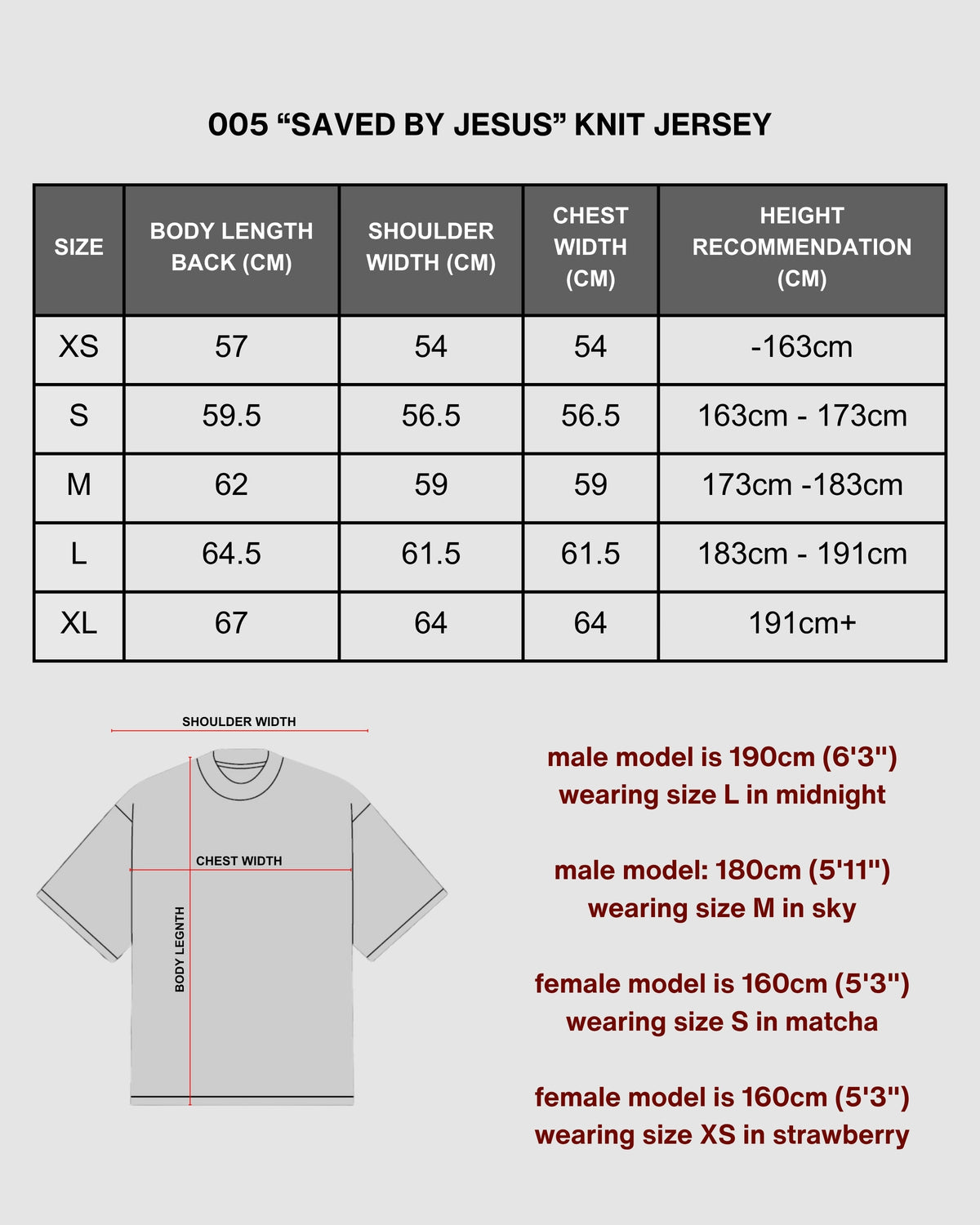 "SAVED BY JESUS" - STRAWBERRY KNIT JERSEY size chart